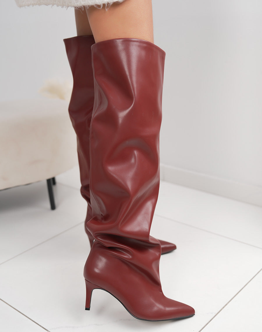 Cuissardes femme bordeaux élégantes à talon aiguille et bout pointu