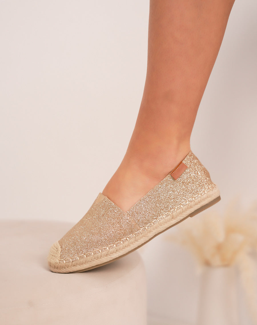 Espadrilles femme dorées pailletées élégantes avec bout tissé et semelle plateforme