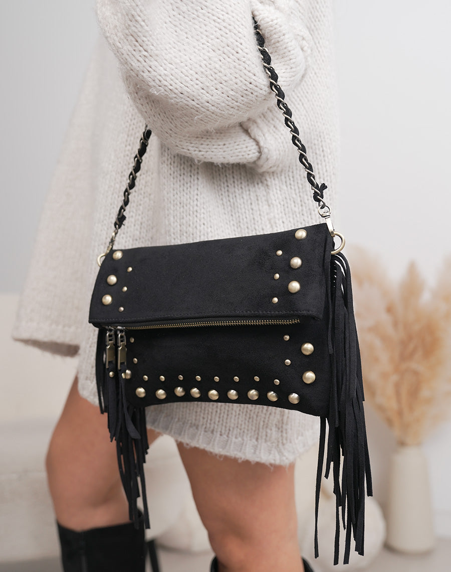 Sac pochette femme noir élégant en suédine avec franges et perles dorées