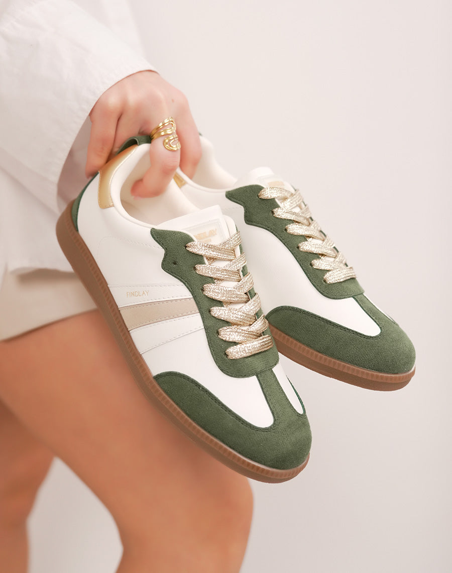 Basket FINDLAY femme blanche à empiècements verts et lacets dorés pailletés