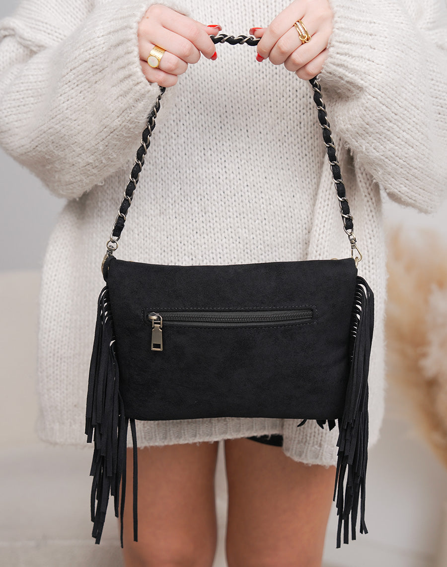 Sac pochette femme noir élégant en suédine avec franges et perles dorées