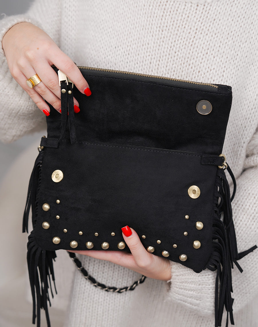 Sac pochette femme noir élégant en suédine avec franges et perles dorées