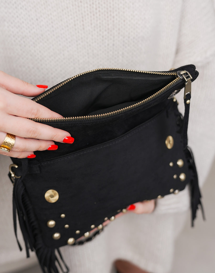 Sac pochette femme noir élégant en suédine avec franges et perles dorées