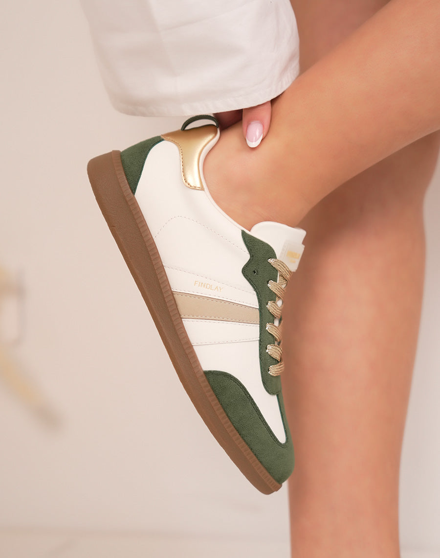 Basket FINDLAY femme blanche à empiècements verts et lacets dorés pailletés