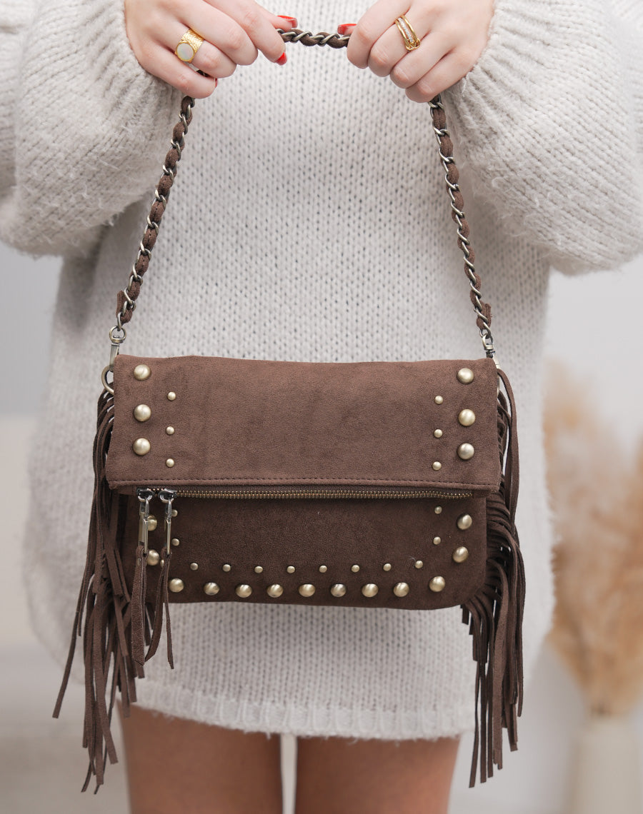 Sac pochette femme marron en suédine élégante avec franges et perles dorées