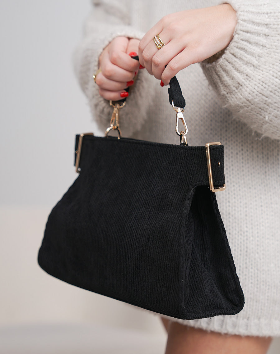 Sac femme noir en suédine côtelée chic avec anses dorées et double bandoulière