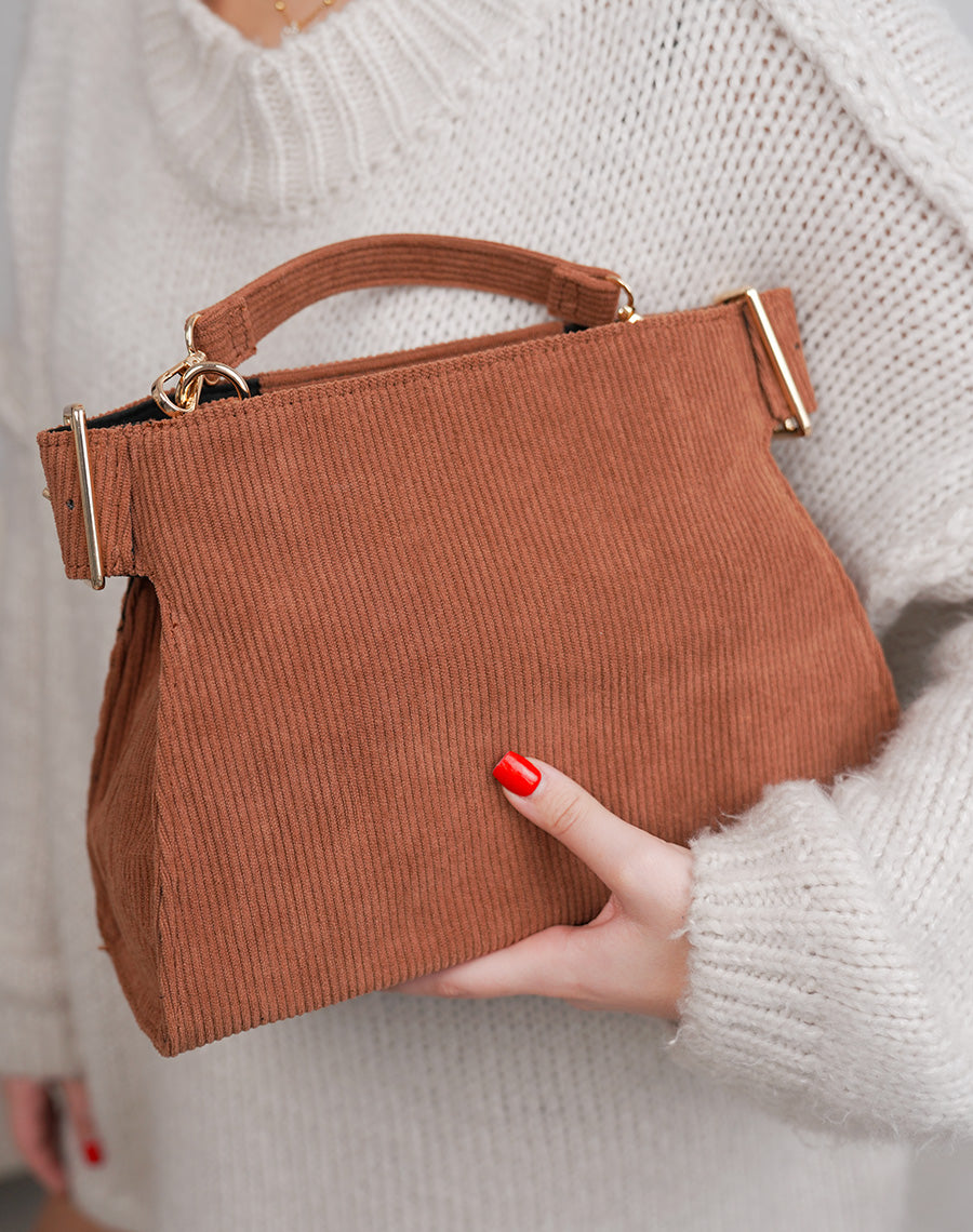 Sac femme camel en suédine côtelée élégante avec anses dorées et double bandoulière