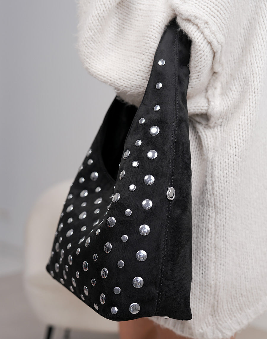 Sac besace femme noir avec clous argentés et double bandoulière tendance rock