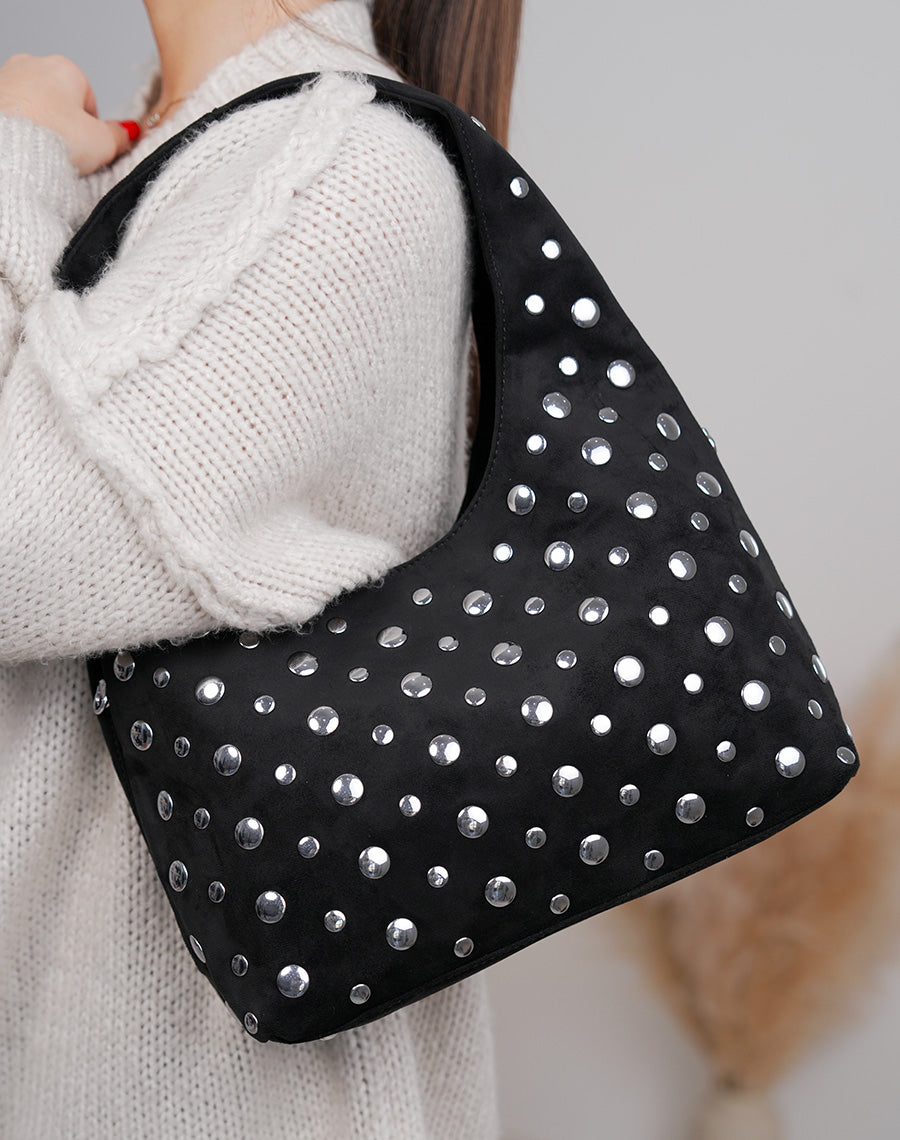 Sac besace femme noir avec clous argentés et double bandoulière tendance rock