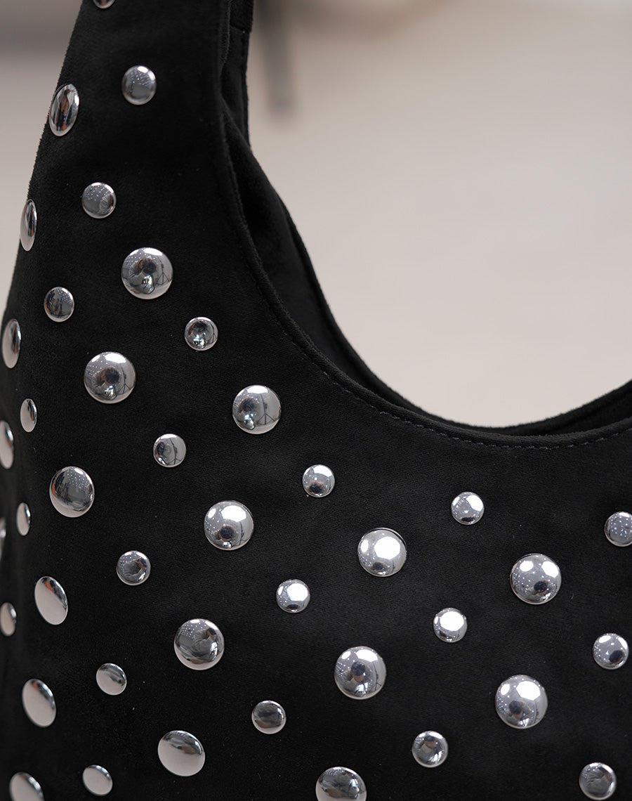 Sac besace femme noir avec clous argentés et double bandoulière tendance rock