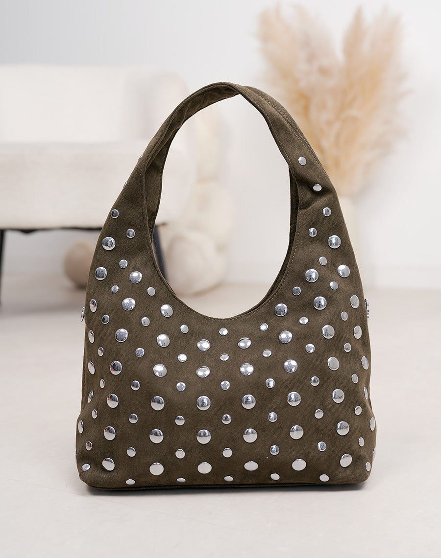 Sac besace femme kaki en suédine avec clous argentés et double bandoulière stylée