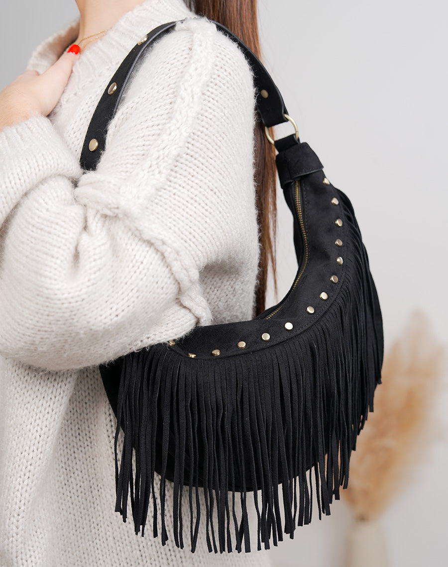 Sac besace femme noir en suédine avec franges et clous dorés vieillis
