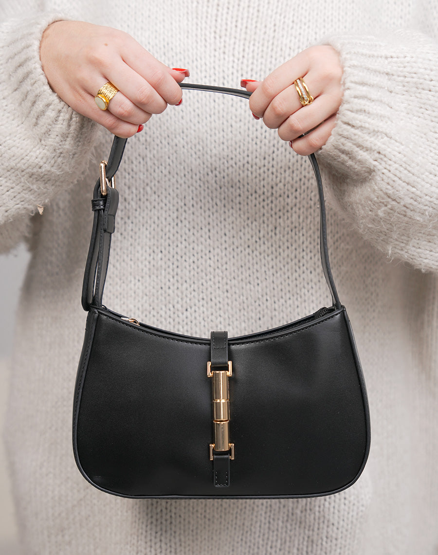 Sac pochette femme noir en similicuir avec fermeture dorée aimantée élégante