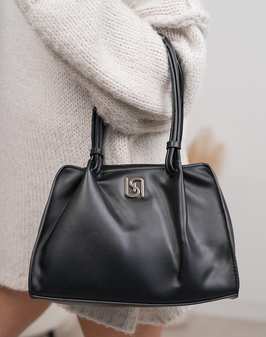 Sac à main femme noir en similicuir avec double anse et détail doré chic