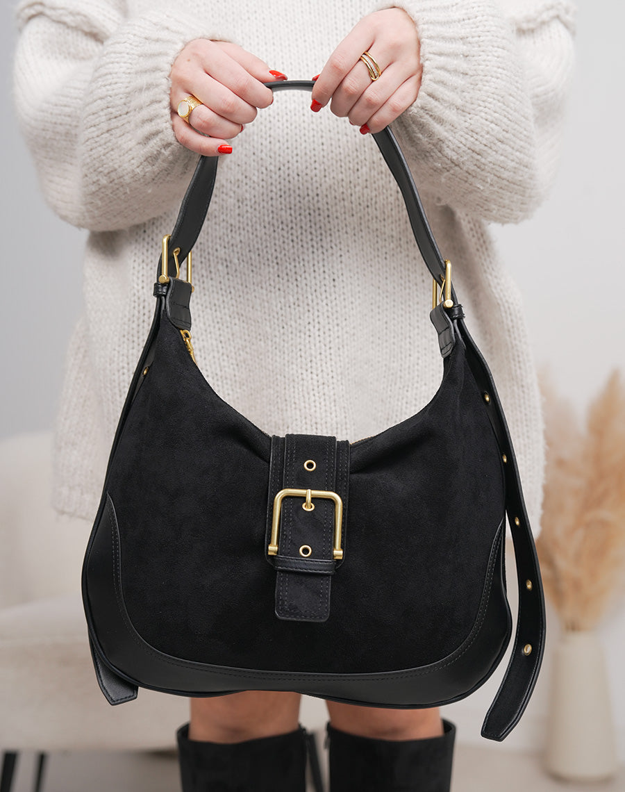 Sac besace femme noir bi-matière avec boucle dorée tendance