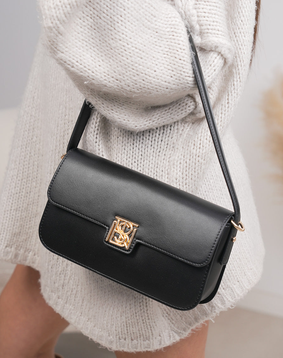 Sac pochette noir en similicuir avec détail doré et fermeture aimantée