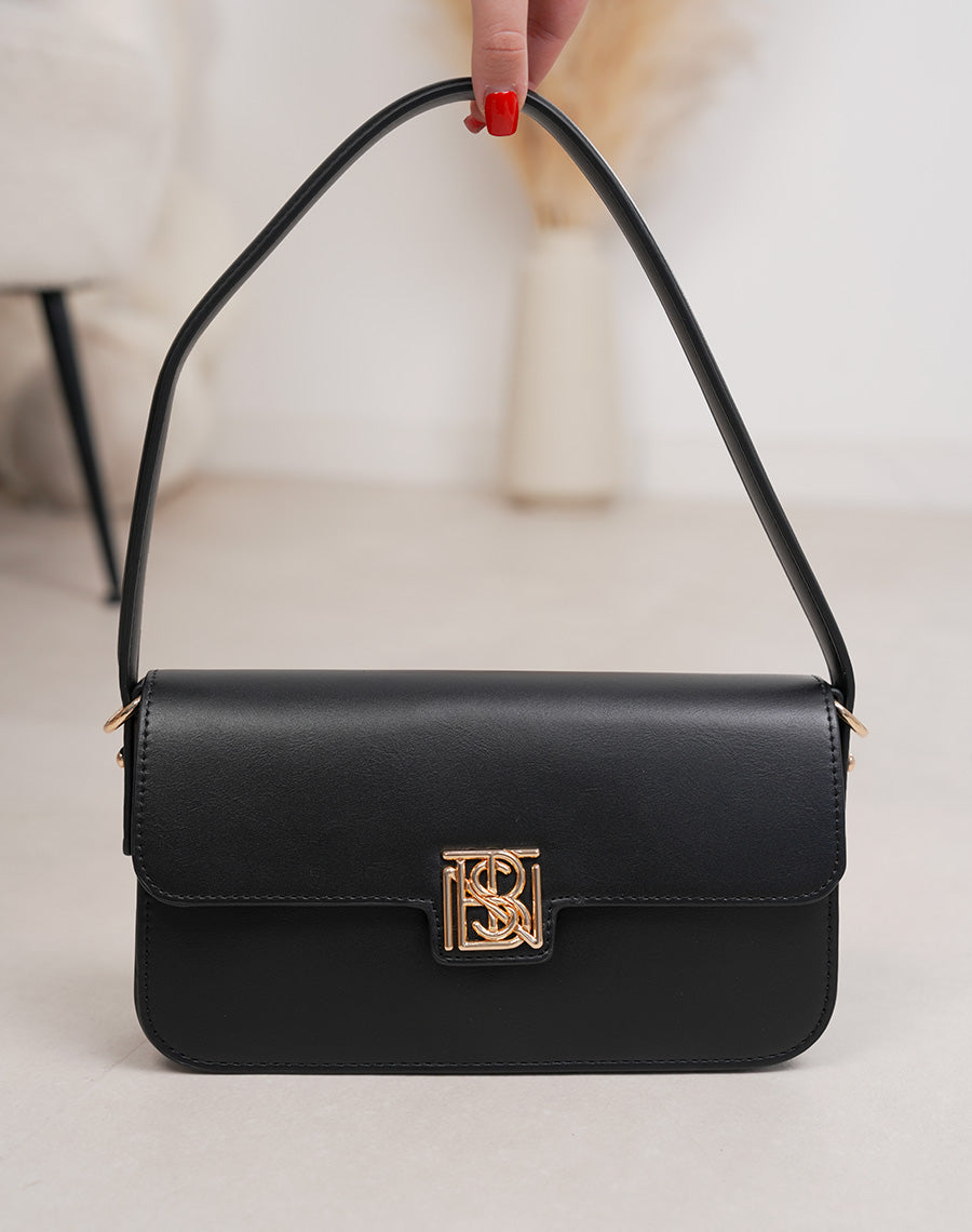 Sac pochette noir en similicuir avec détail doré et fermeture aimantée