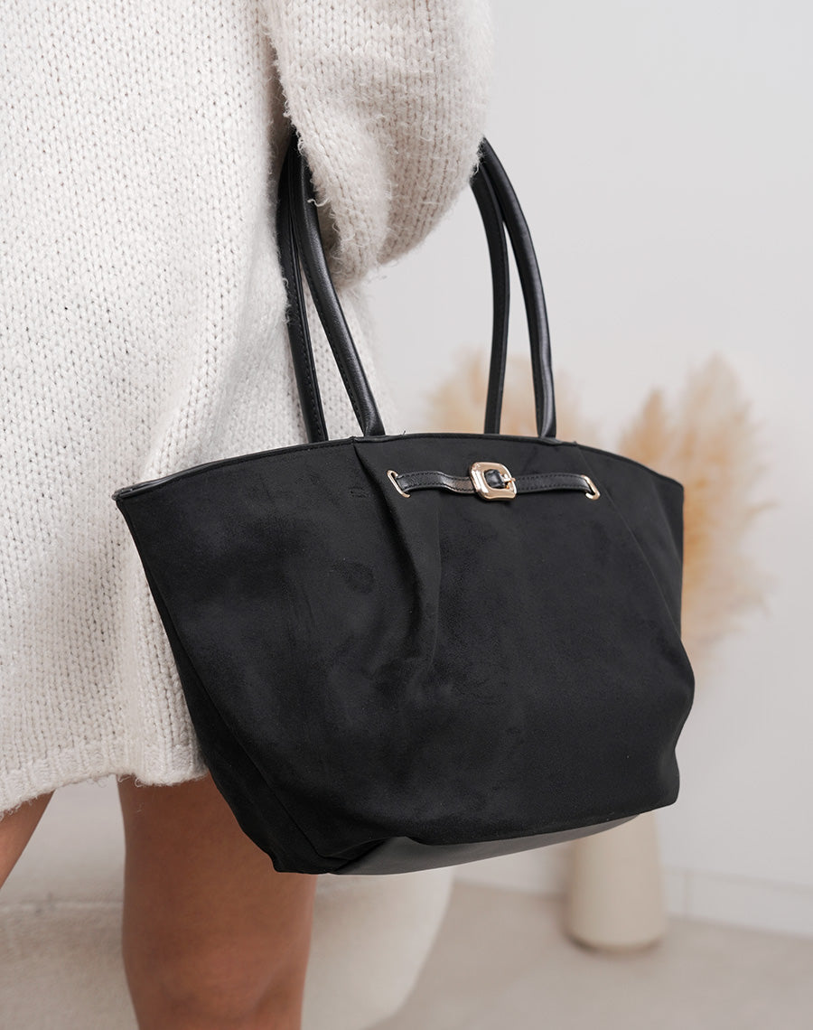 Sac trapèze noir en suédine avec détail doré