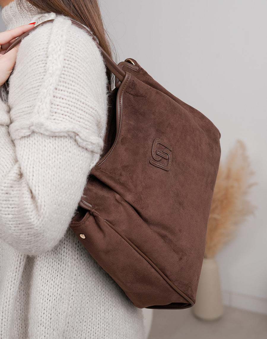 Sac marron en suédine avec détail en similicuir