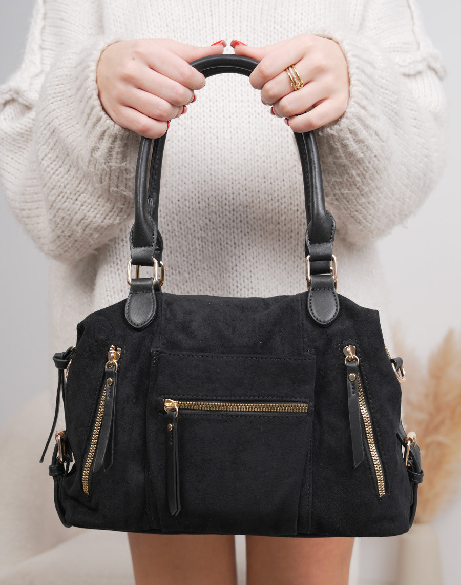 Sac noir en suédine à multiples poches zippées