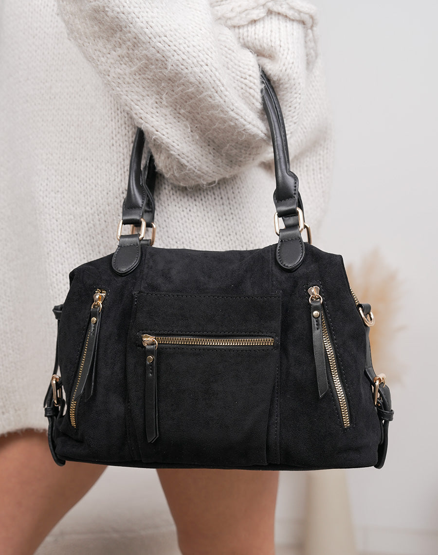 Sac noir en suédine à multiples poches zippées