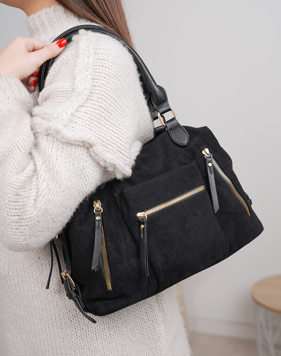 Sac noir en suédine à multiples poches zippées