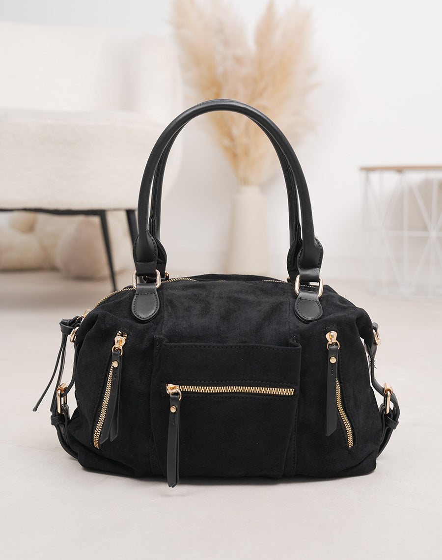Sac noir en suédine à multiples poches zippées