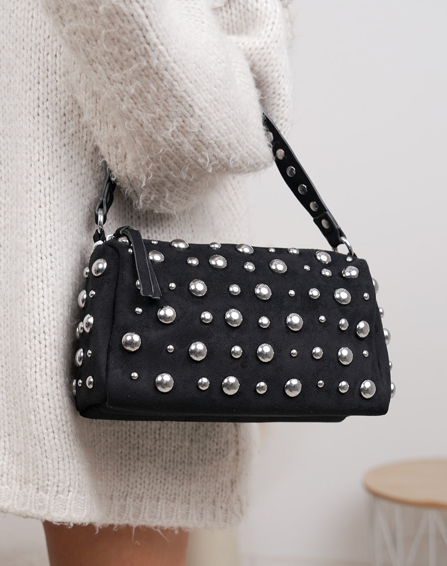 Sac pochette noir en suédine à clous argentés