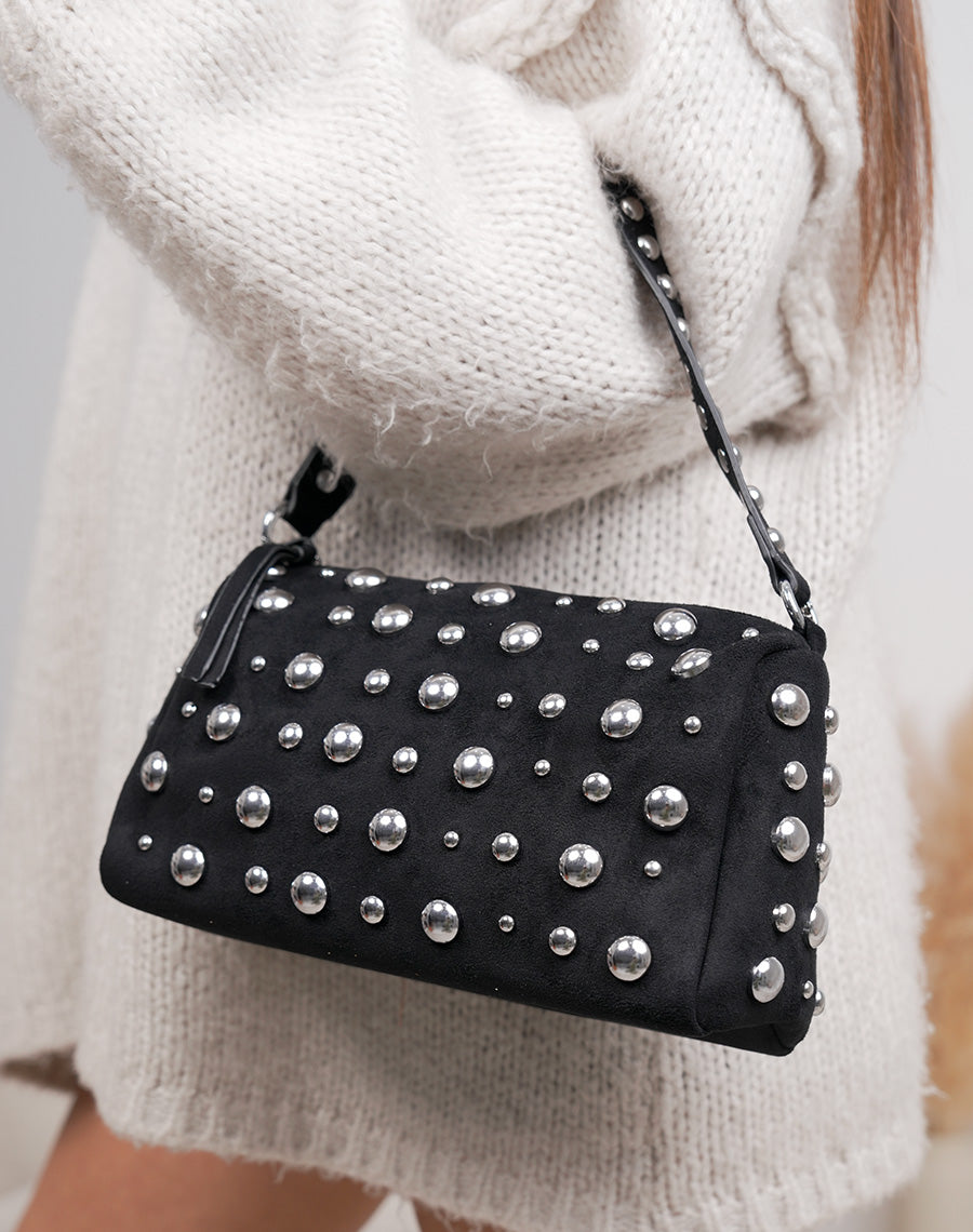 Sac pochette noir en suédine à clous argentés