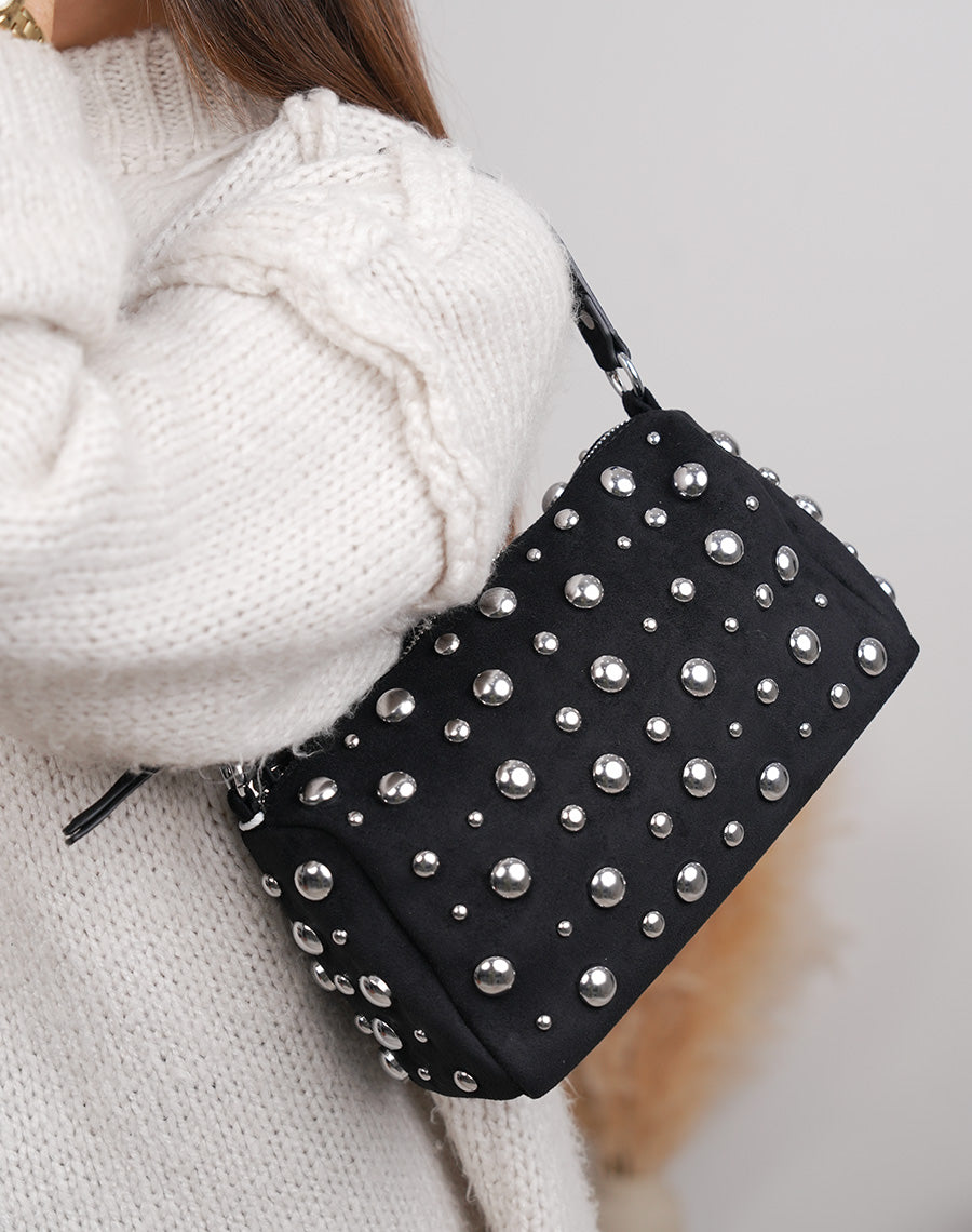 Sac pochette noir en suédine à clous argentés