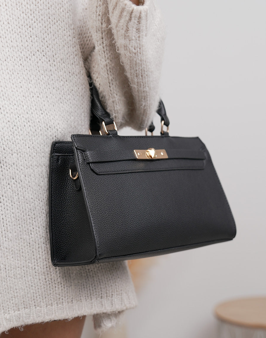 Sac noir en similicuir grainé à fermoir doré