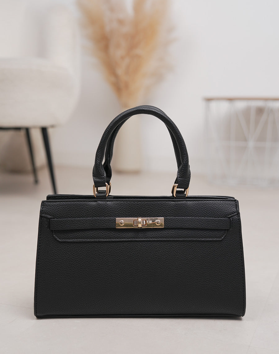 Sac noir en similicuir grainé à fermoir doré