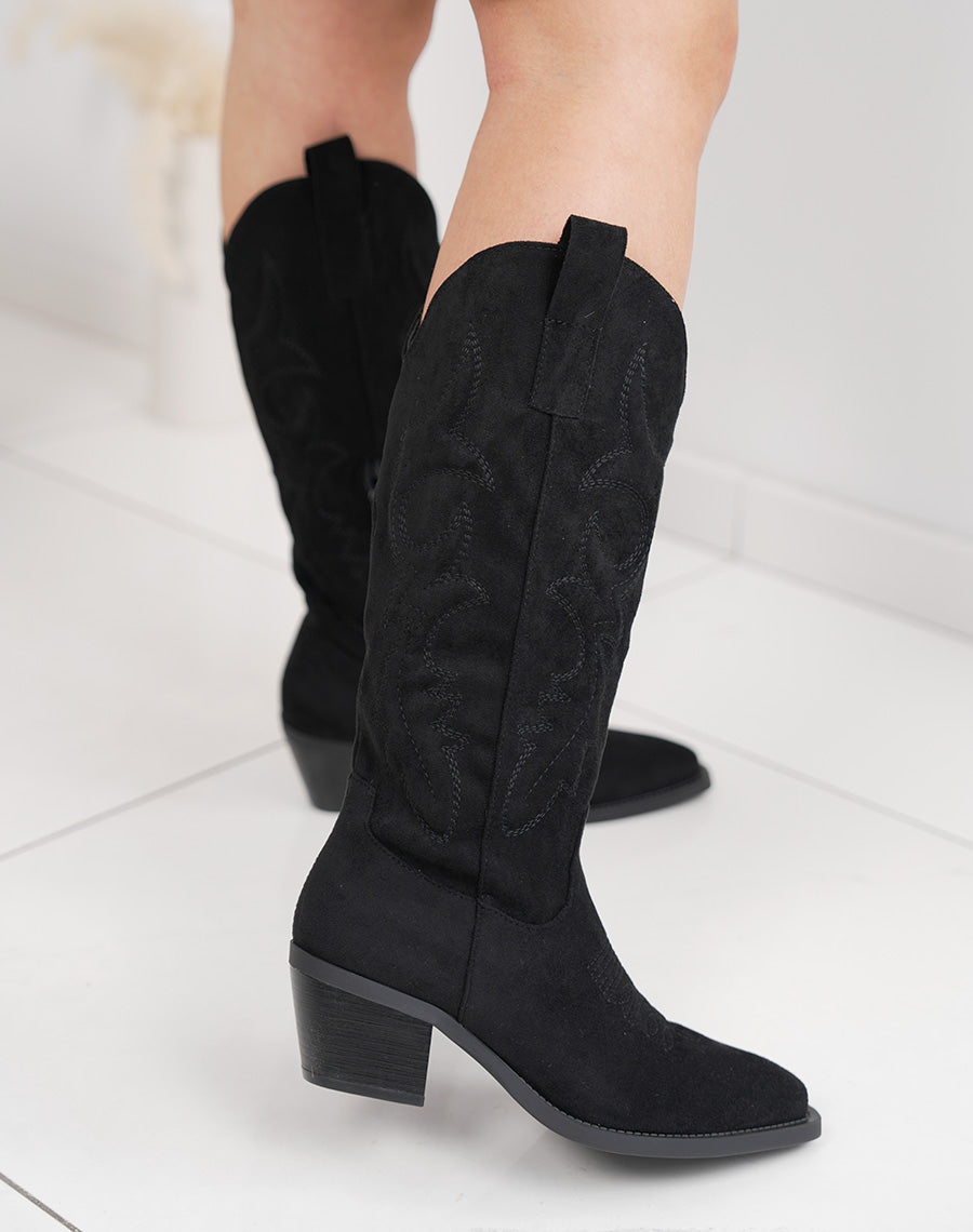 Santiags noires élégantes en suédine avec talon épais