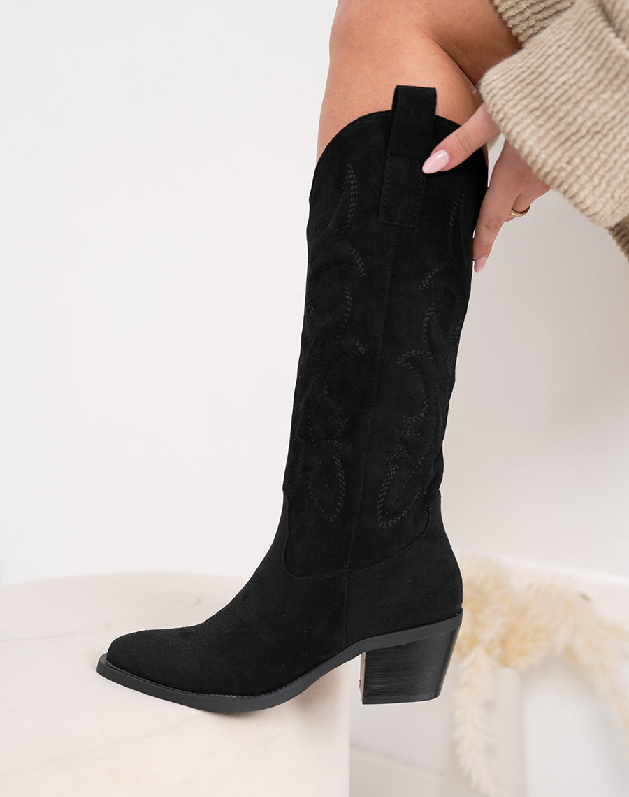 Santiags noires élégantes en suédine avec talon épais