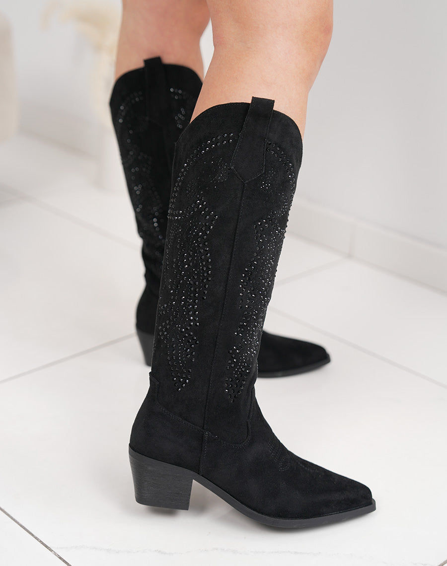 Santiags femme noires à strass en suédine avec bout pointu et talon épais chic