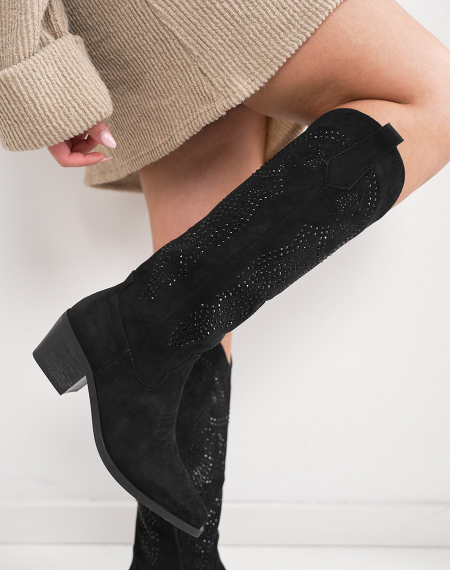 Santiags femme noires à strass en suédine avec bout pointu et talon épais chic