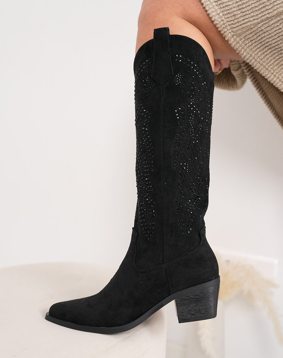 Santiags femme noires à strass en suédine avec bout pointu et talon épais chic