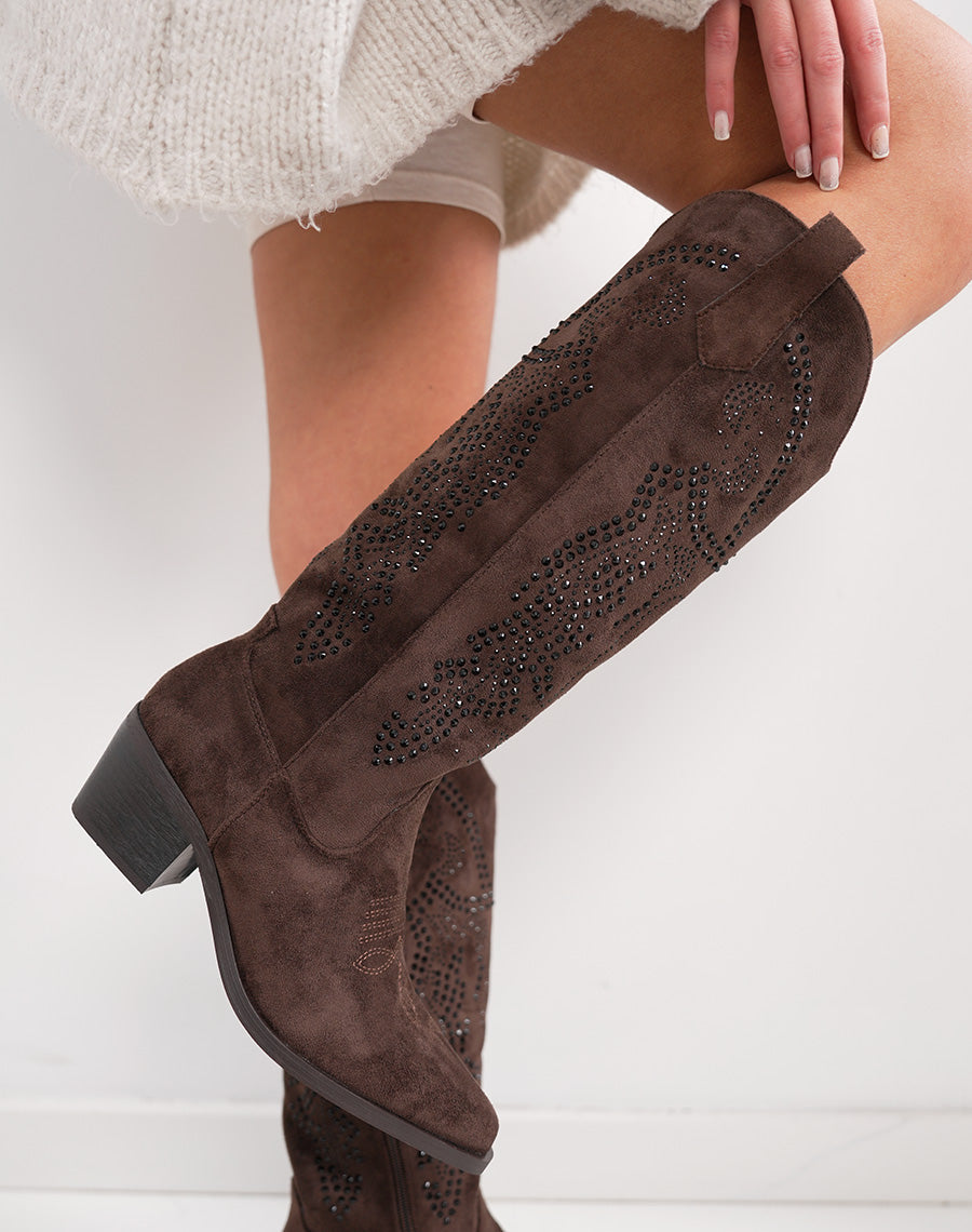 Santiags femme marron à strass en suédine avec bout pointu et talon épais tendance