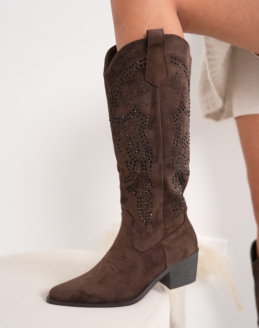 Santiags femme marron à strass en suédine avec bout pointu et talon épais tendance
