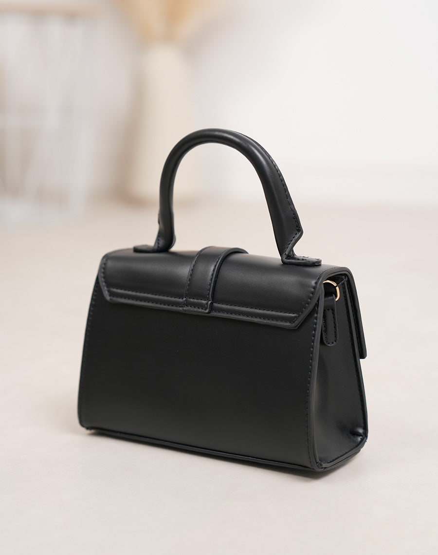 Sac à main femme noir élégant en similicuir avec fermeture tourniquet doré