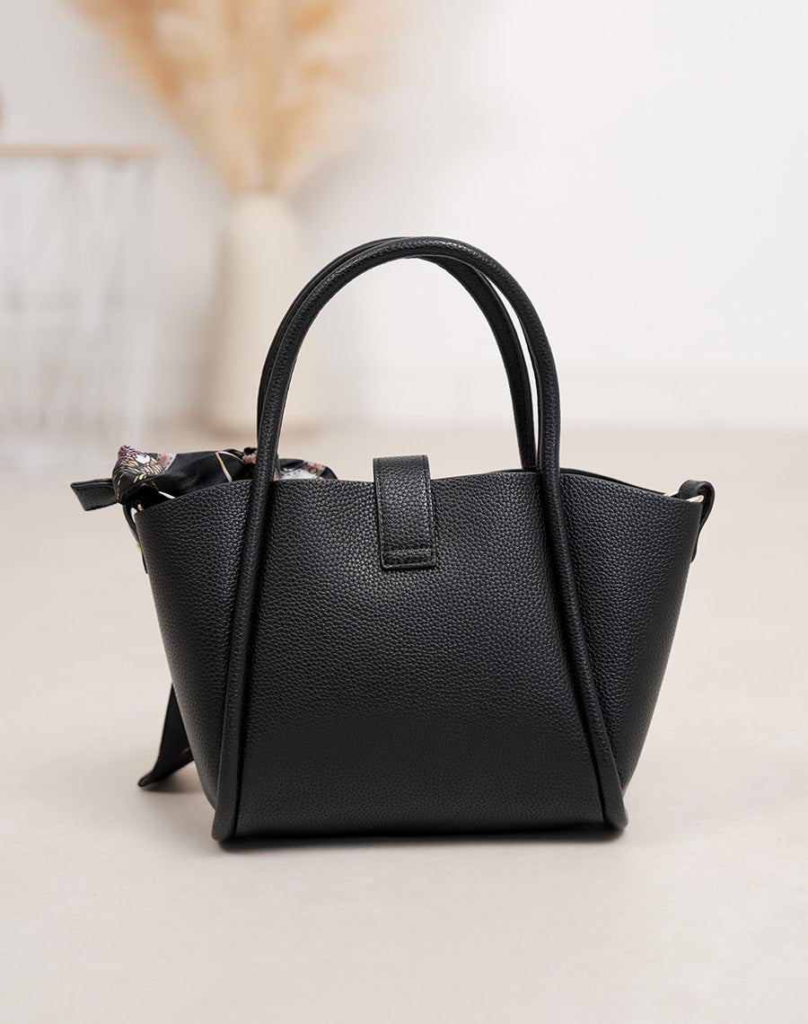 Sac à main femme noir grainé élégant avec fermeture dorée et foulard noué