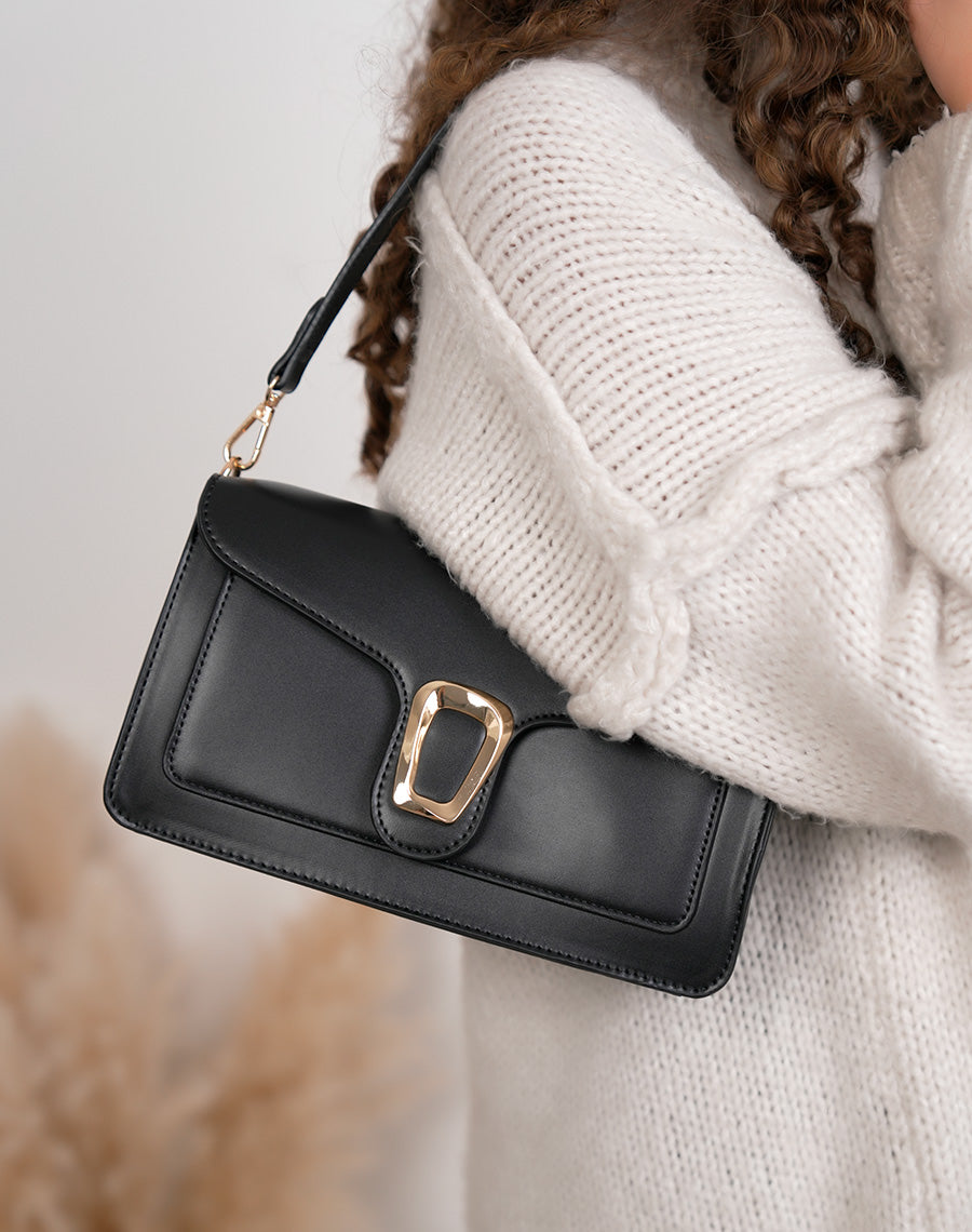 Sac à main femme noir en simili cuir élégant avec boucle dorée aimantée