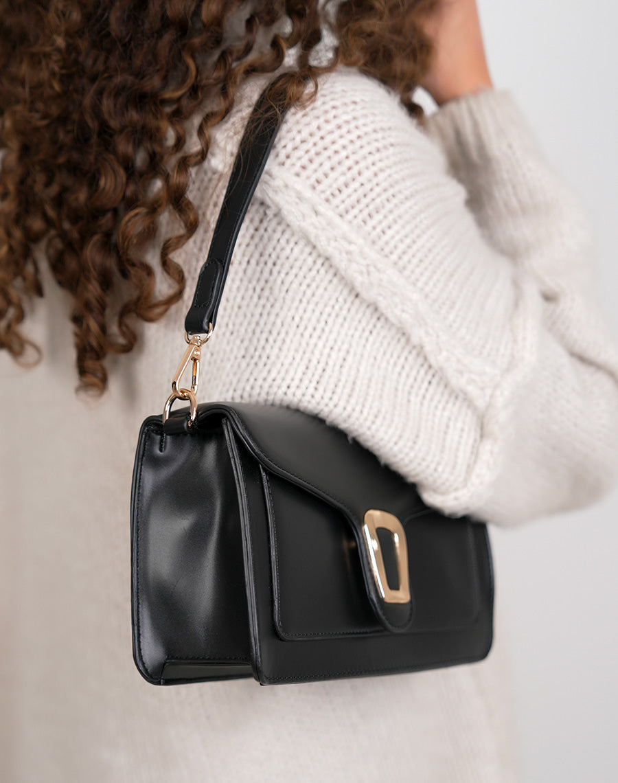 Sac à main femme noir en simili cuir élégant avec boucle dorée aimantée