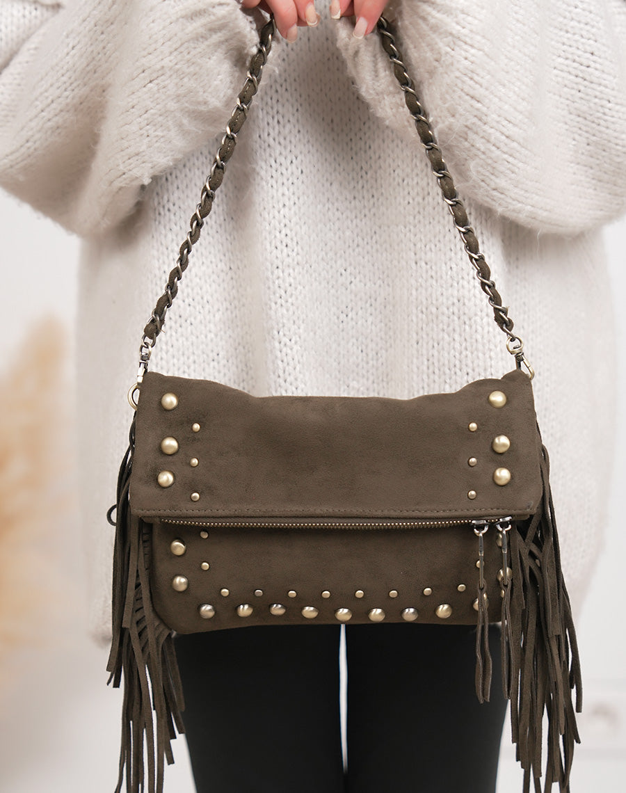 Sac pochette femme kaki en suédine à franges avec perles dorées effet vieilli
