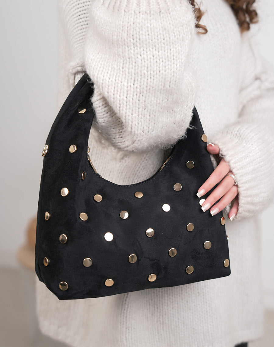 Sac besace femme noir en suédine avec clous dorés et fermeture zippée moderne