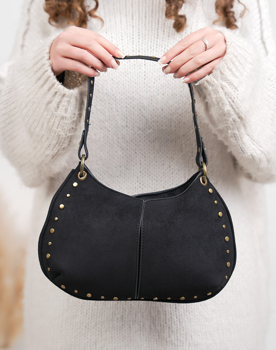 Sac pochette femme noir en suédine avec clous dorés et bandoulière élégante