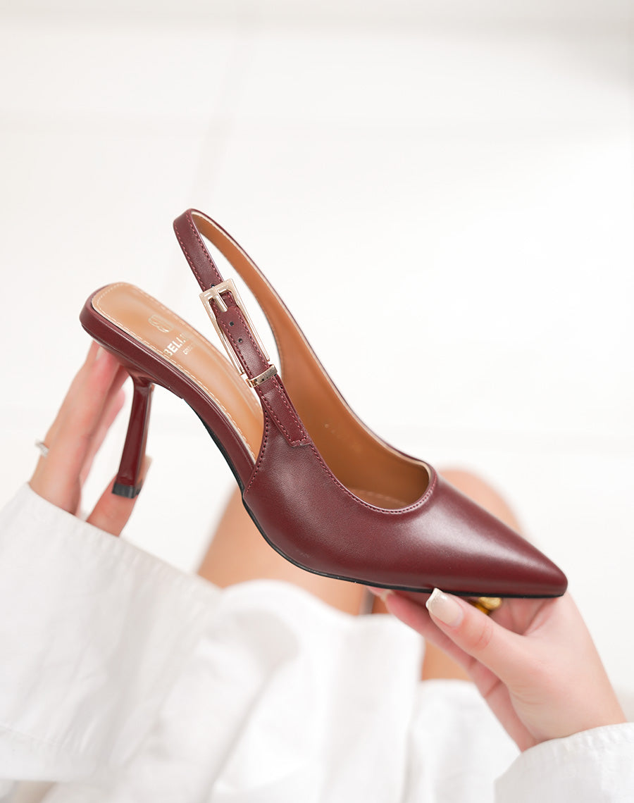 Escarpins femme bordeaux à talon haut bride dorée et bout pointu sophistiqué