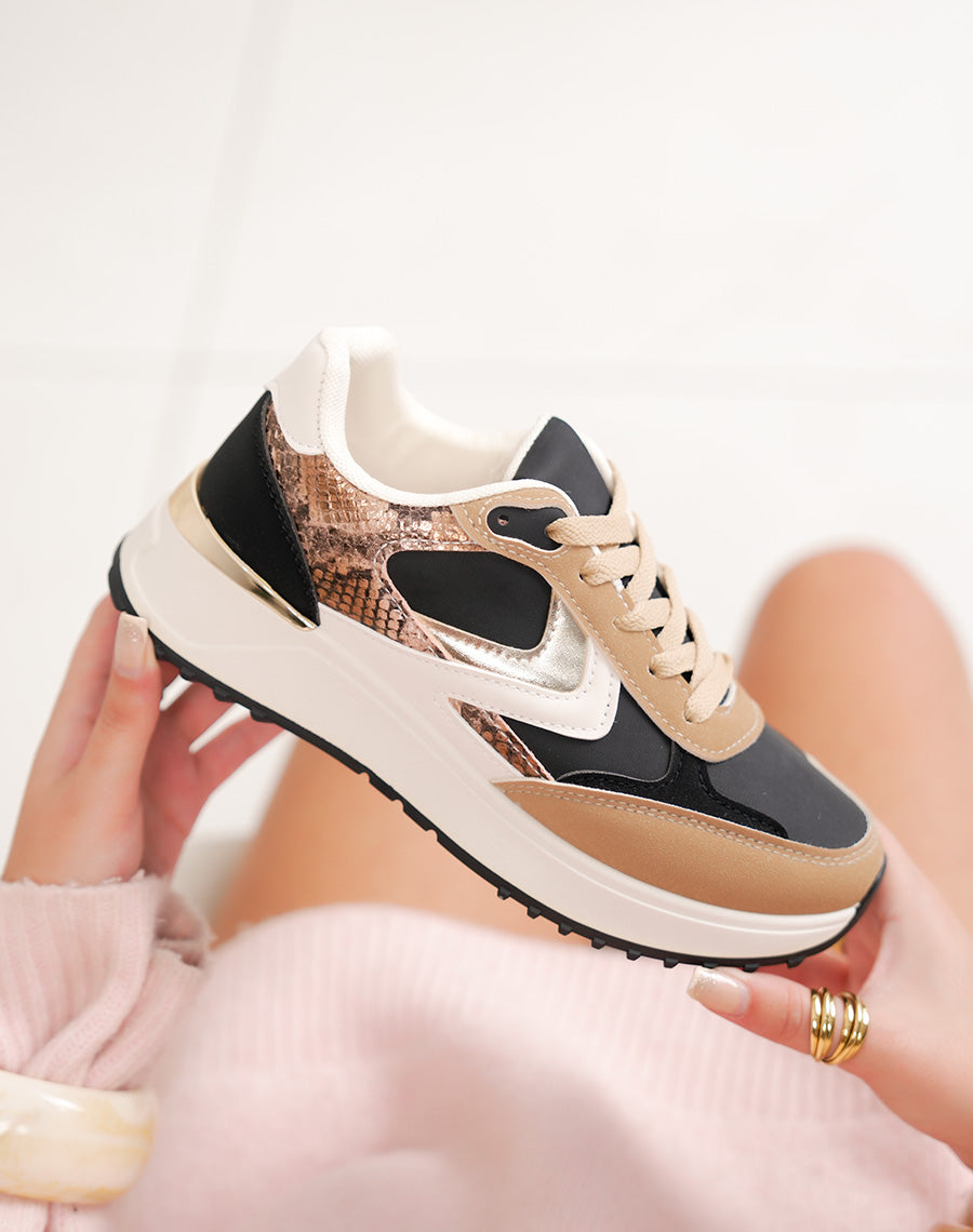 Basket femme noire tendance avec empiècement croco marron doré