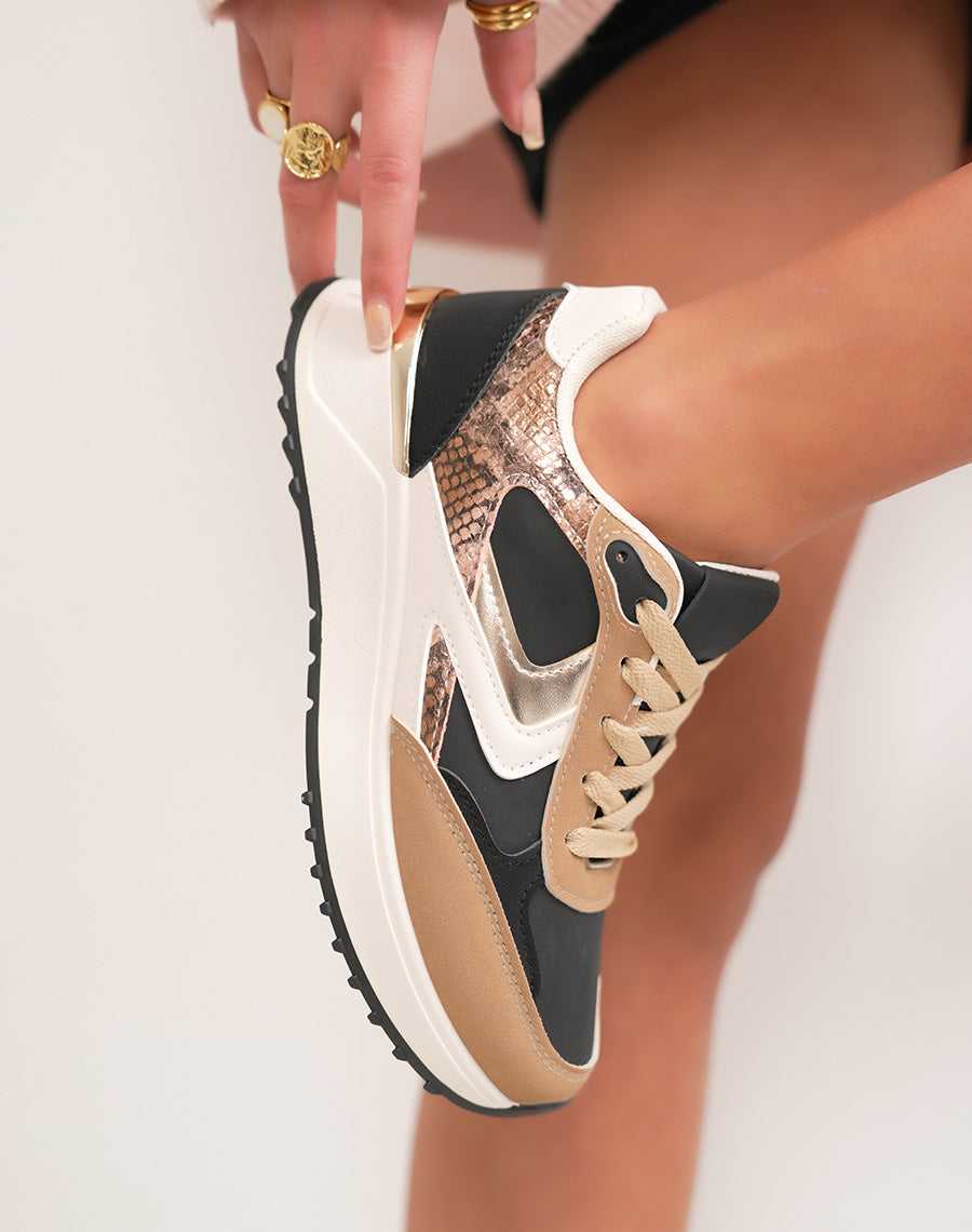 Basket femme noire tendance avec empiècement croco marron doré