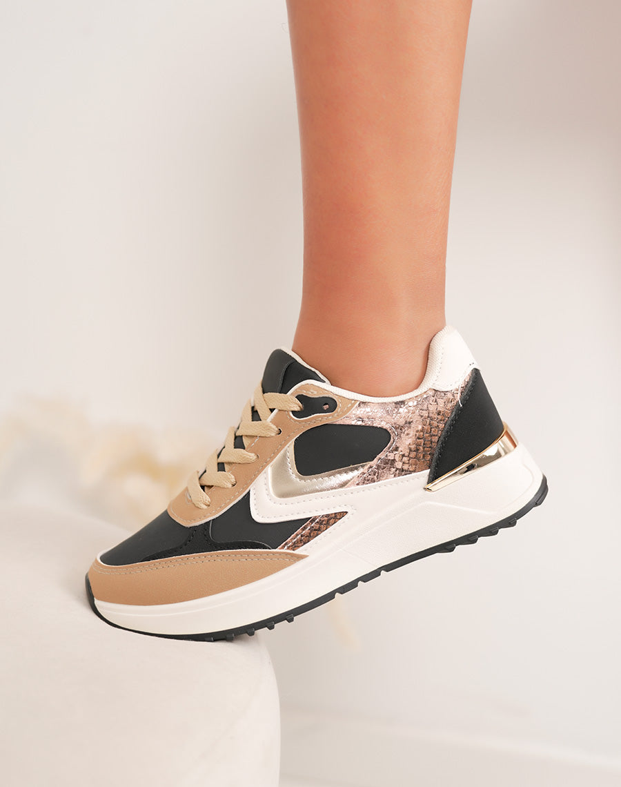 Basket femme noire tendance avec empiècement croco marron doré